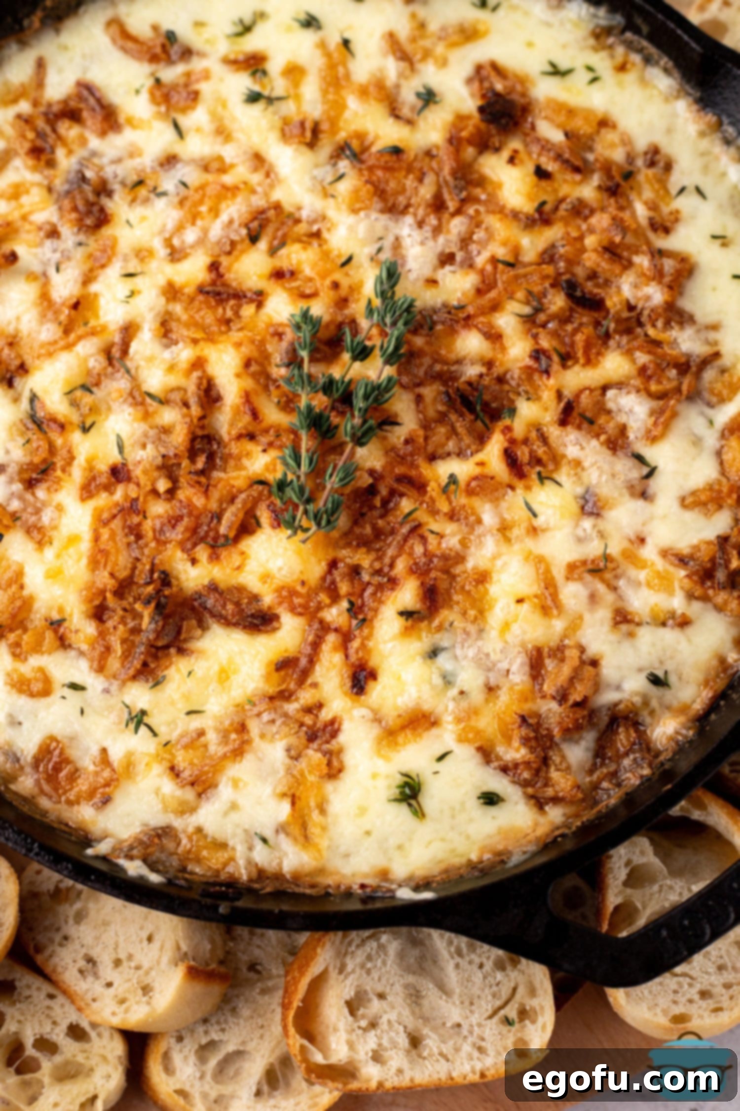 A cast iron skillet with Hot French Onion Dip.