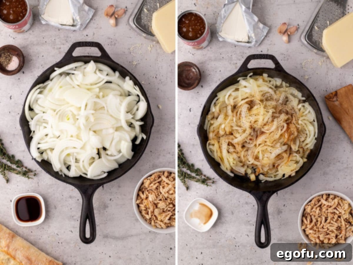A skillet with melted butter, sliced onions, Worcestershire sauce, minced garlic, salt, and pepper.