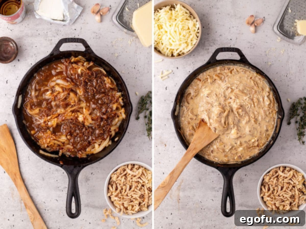 Cooked onions, French onion soup, and cream cheese being added to the mixture in the skillet.