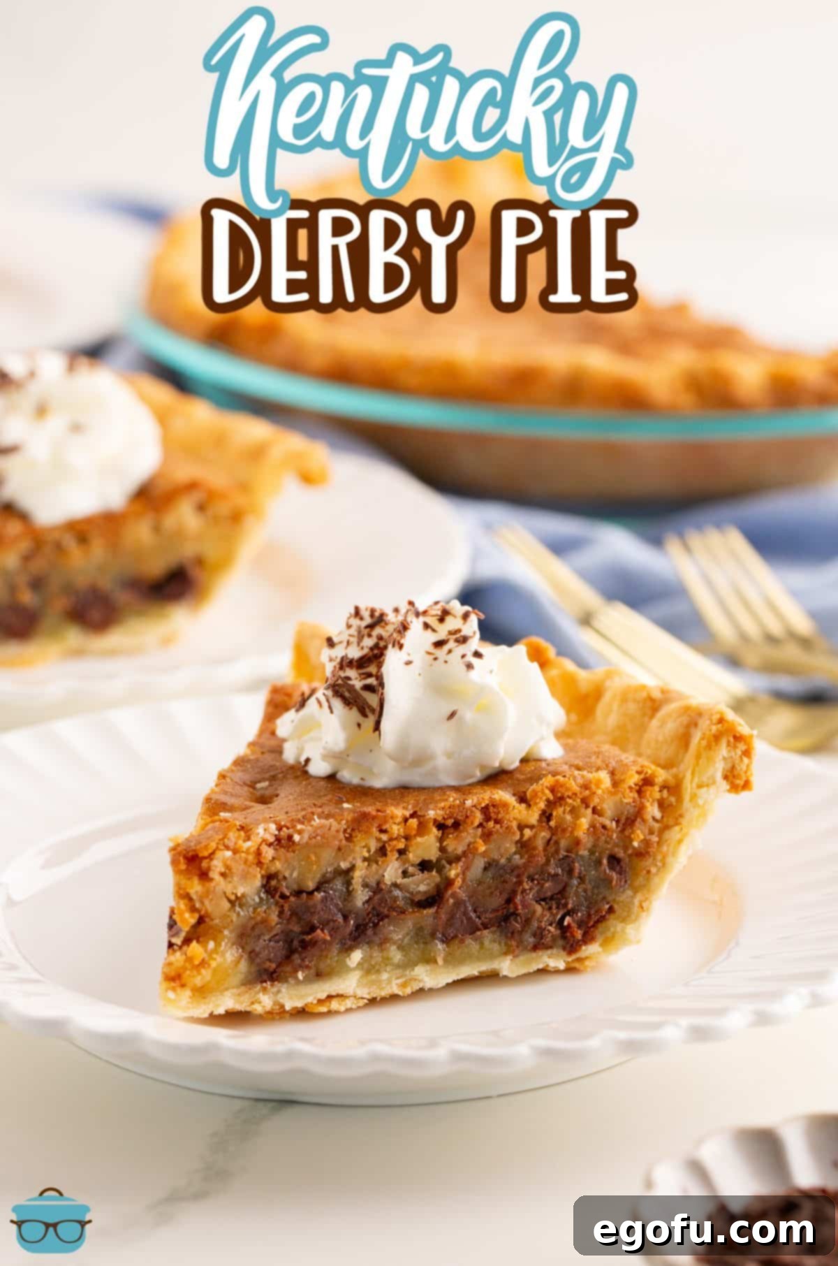 A small white plate holding a generous slice of Kentucky Derby Pie, showing its gooey chocolate and walnut interior.