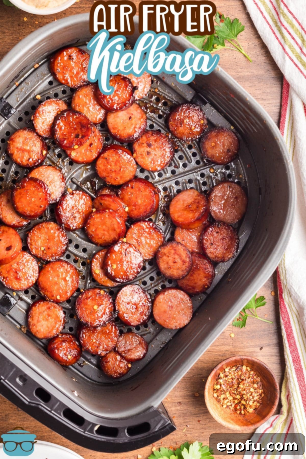 Sweet and Sticky Air Fryer Kielbasa 4 Looking down on aAir Fryer Kielbasa in the basket.