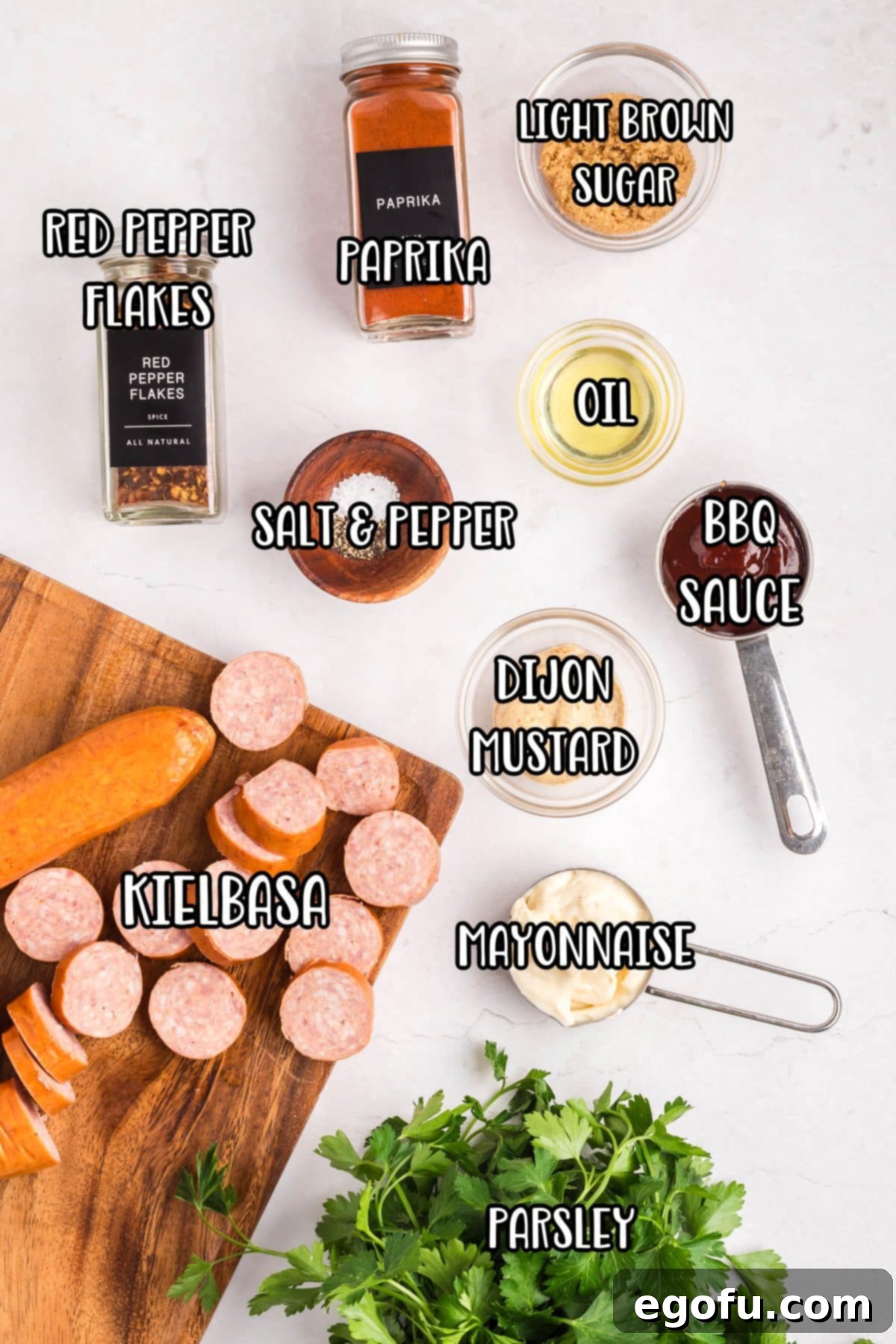 Sweet and Sticky Air Fryer Kielbasa 5 Kielbasa, red pepper flakes, oil, bbq sauce, parsley, mayo, salt, pepper, paprika, Dijon mustard, and light brown sugar.