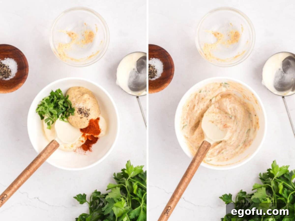 Sweet and Sticky Air Fryer Kielbasa 8 Ingredients to make honey mustard sauce in a bowl being mixed together.