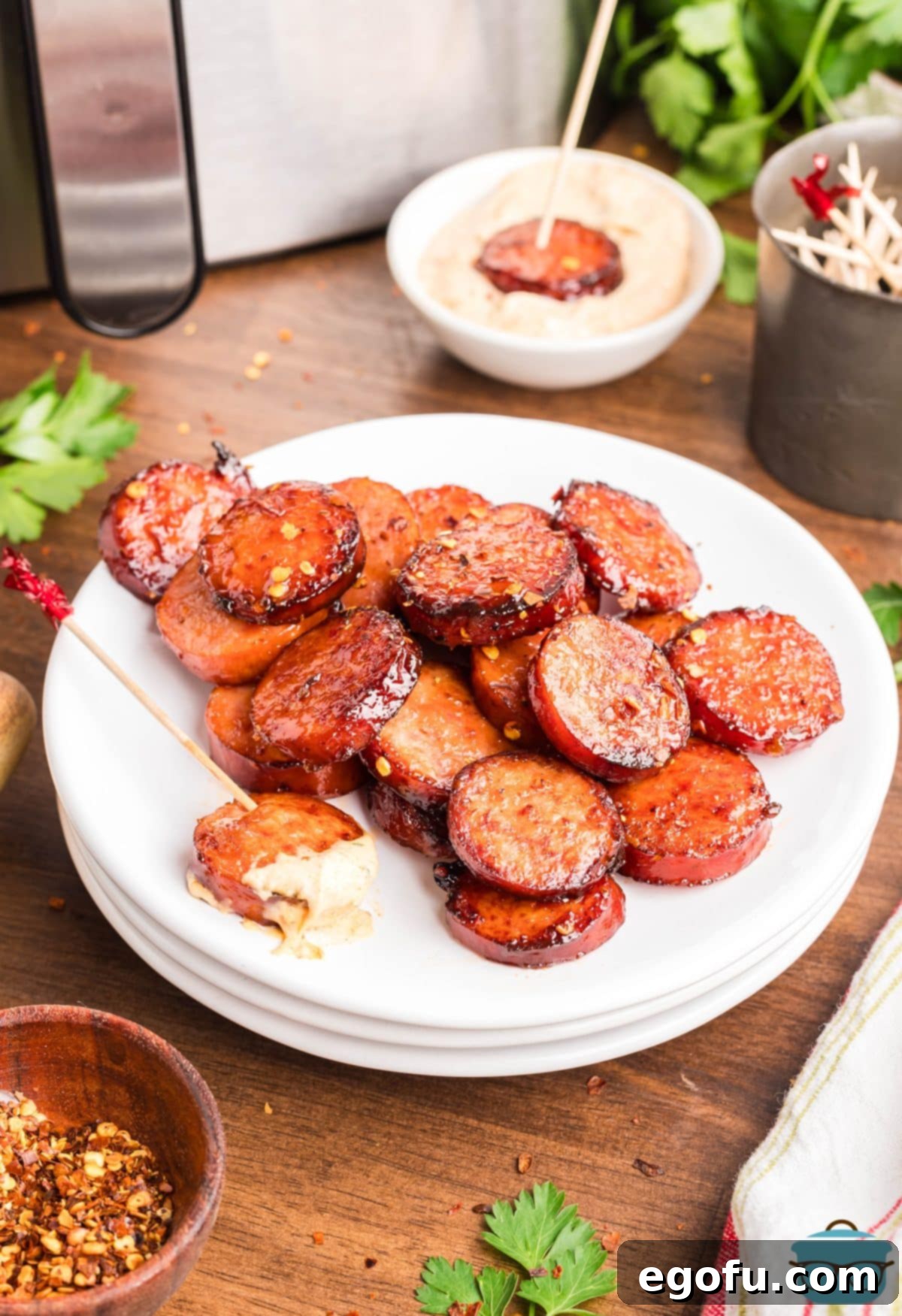 Sweet and Sticky Air Fryer Kielbasa 9 A plate of Air Fryer Kielbasa pieces.