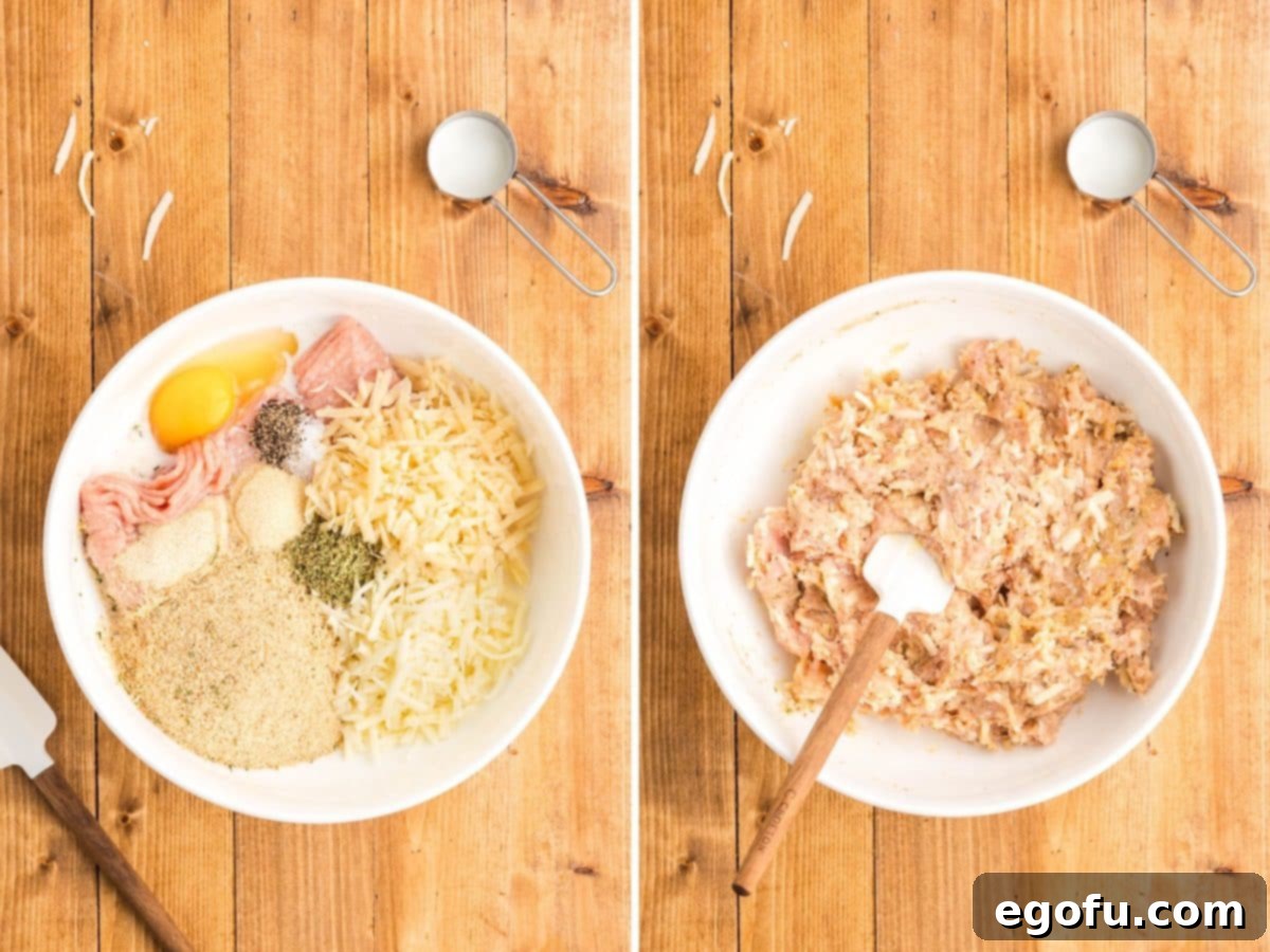 Chicken Parm Meatball Bake 6 A bowl of ground chicken, 1/2 cup mozzarella shredded cheese, parmesan cheese, breadcrumbs, milk, egg, and dried seasonings, mixed and ready.