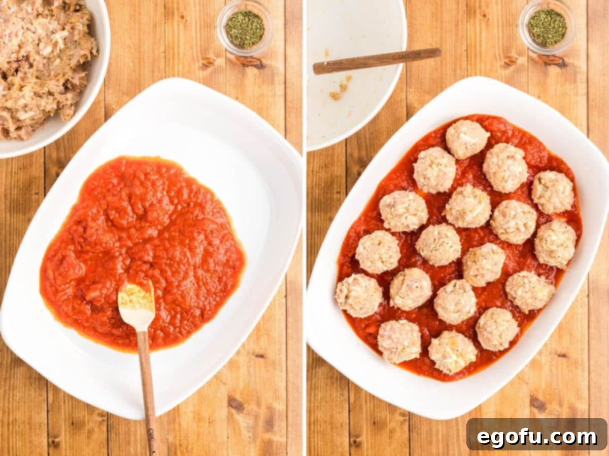 Chicken Parm Meatball Bake 7 Marinara sauce being added to a baking dish, followed by unbaked meatballs arranged neatly within it.