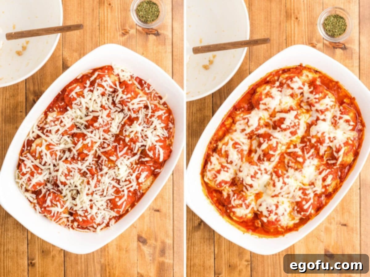 Chicken Parm Meatball Bake 9 Shredded mozzarella cheese generously sprinkled on top of the Chicken Parmesan Meatballs in marinara sauce.