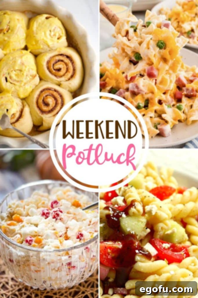 Weekend Potluck featured recipes include: The famous 24 Hour Fruit Salad, a comforting Ham and Noodle Casserole, nostalgic Copycat Pillsbury Orange Sweet Rolls, and a refreshing Potluck Pasta Salad!
