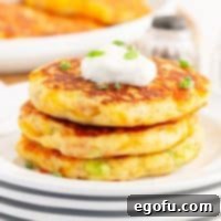 Crispy Potato Fritters 8 Close up looking at a small stack of homemade Potato Cakes.