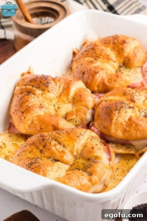 A baking dish with a few Baked Ham and Cheese Croissants.