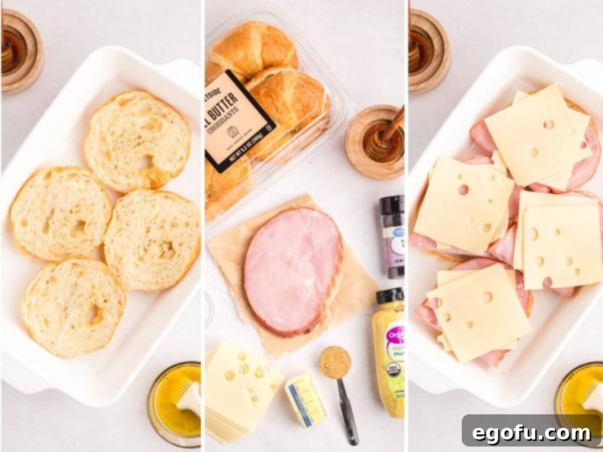 Croissant roll bottoms with ham and Swiss cheese.