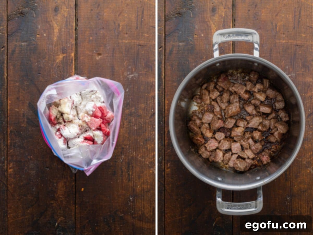 A Ziploc bag with flour-coated beef stew meat and a pan of browning beef, illustrating the initial steps of the recipe.