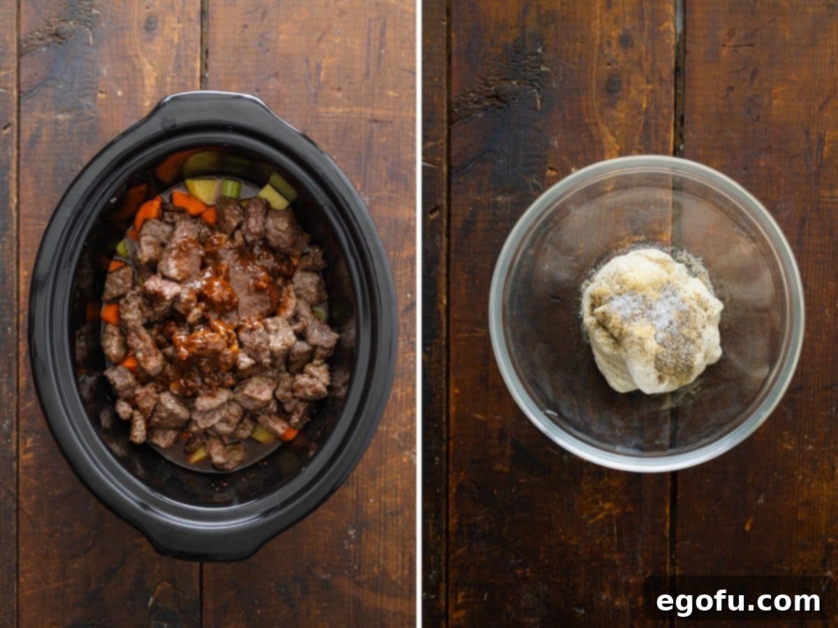 The slow cooker showing the beef stew nearing completion, and a separate bowl with biscuit dough and seasonings for the dumplings.