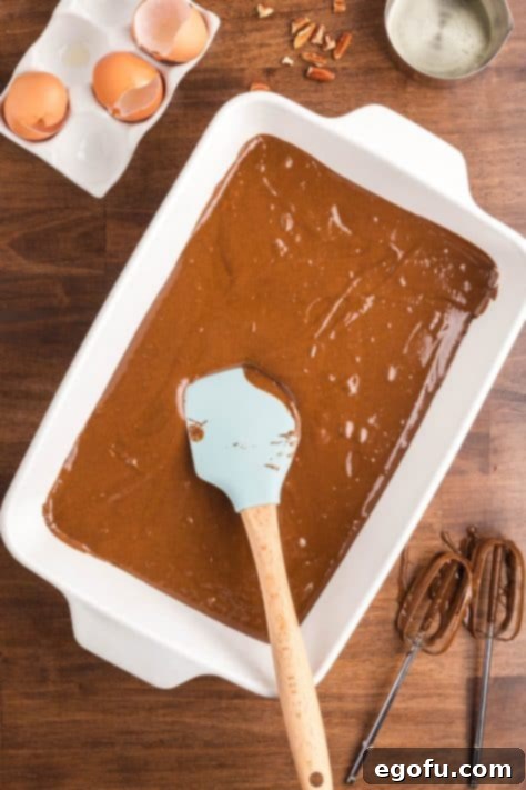 A baking dish with chocolate cake batter.