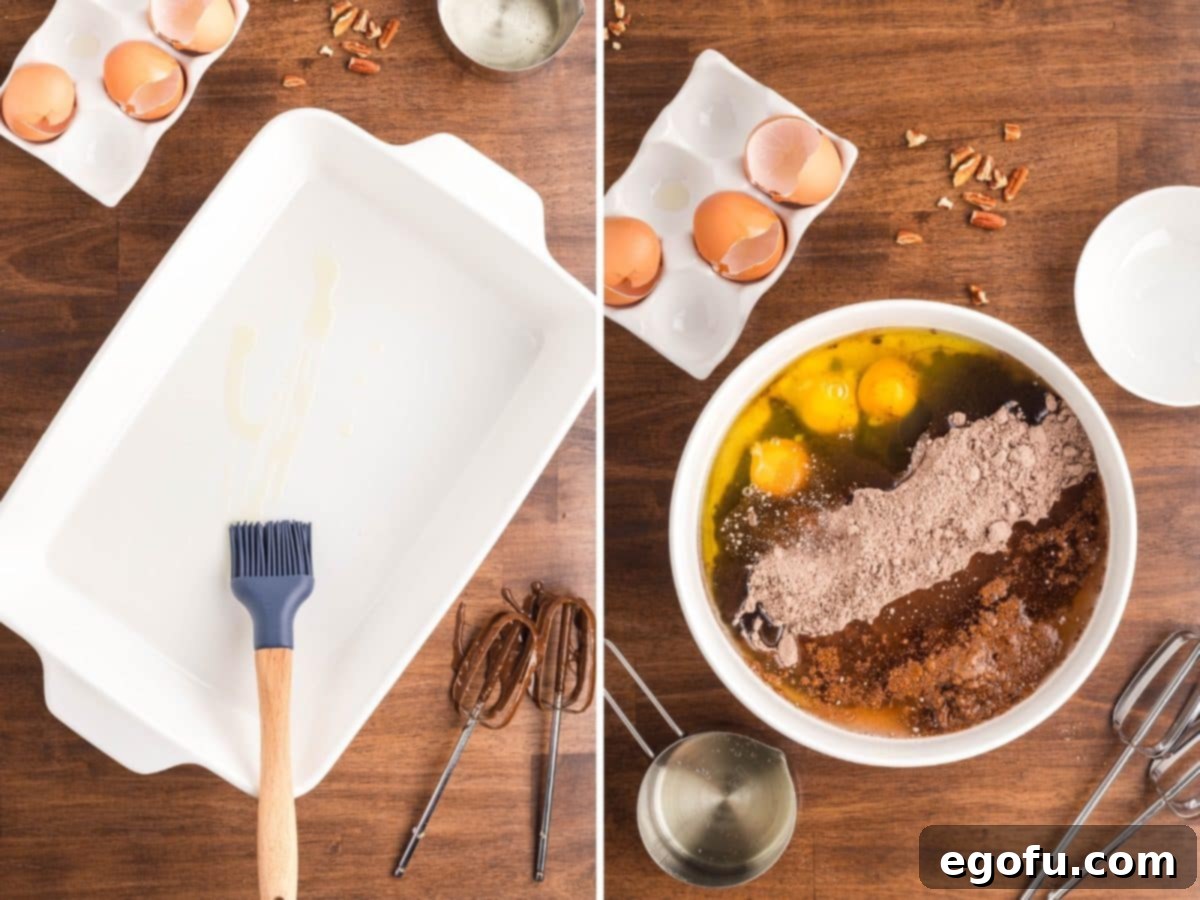 A baking dish being greased with oil and a pastry brush, next to a bowl of cake mix ingredients ready for mixing.