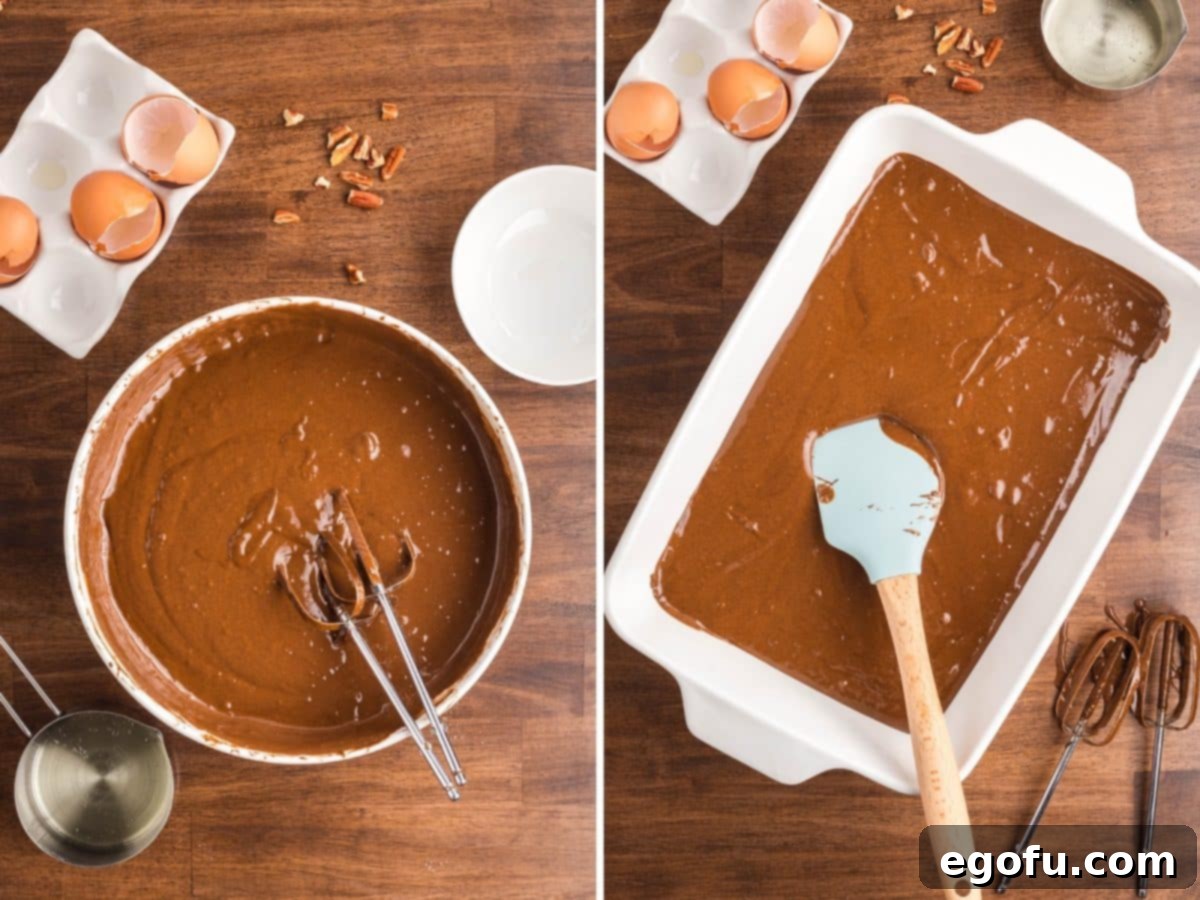 Mixer beaters in a bowl of chocolate cake batter, and cake batter being spread with a rubber spatula in a prepared baking dish.