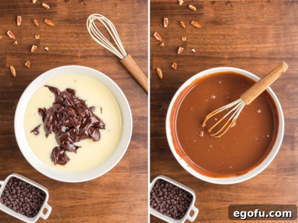 A bowl containing sweetened condensed milk and hot fudge sauce, shown before and after mixing to a smooth consistency.