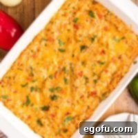 Looking down on a Chicken Fajita Casserole in a baking dish.