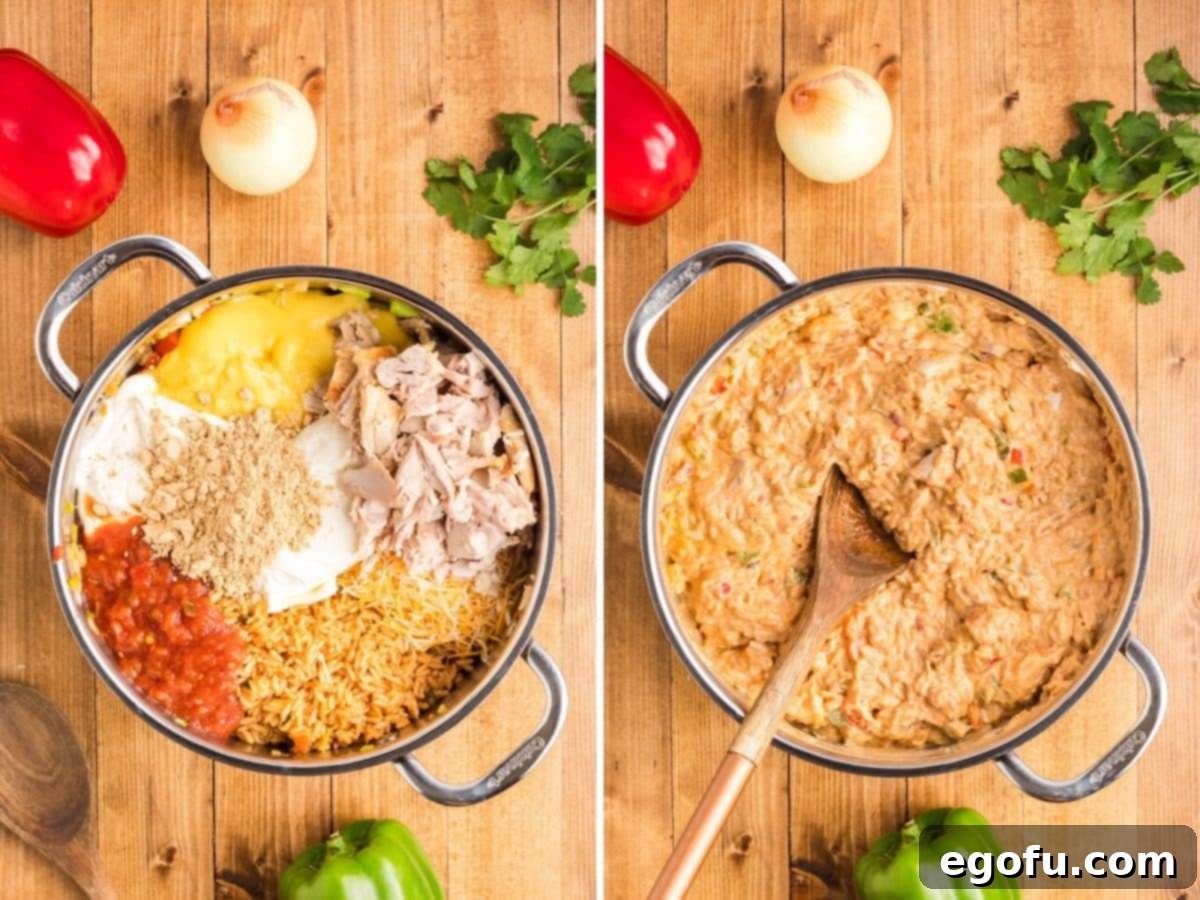 A pan with peppers, onions, chicken, rice, soup, salsa, cream cheese, 1/2 of the cheese, sour cream, and fajita seasoning packet.