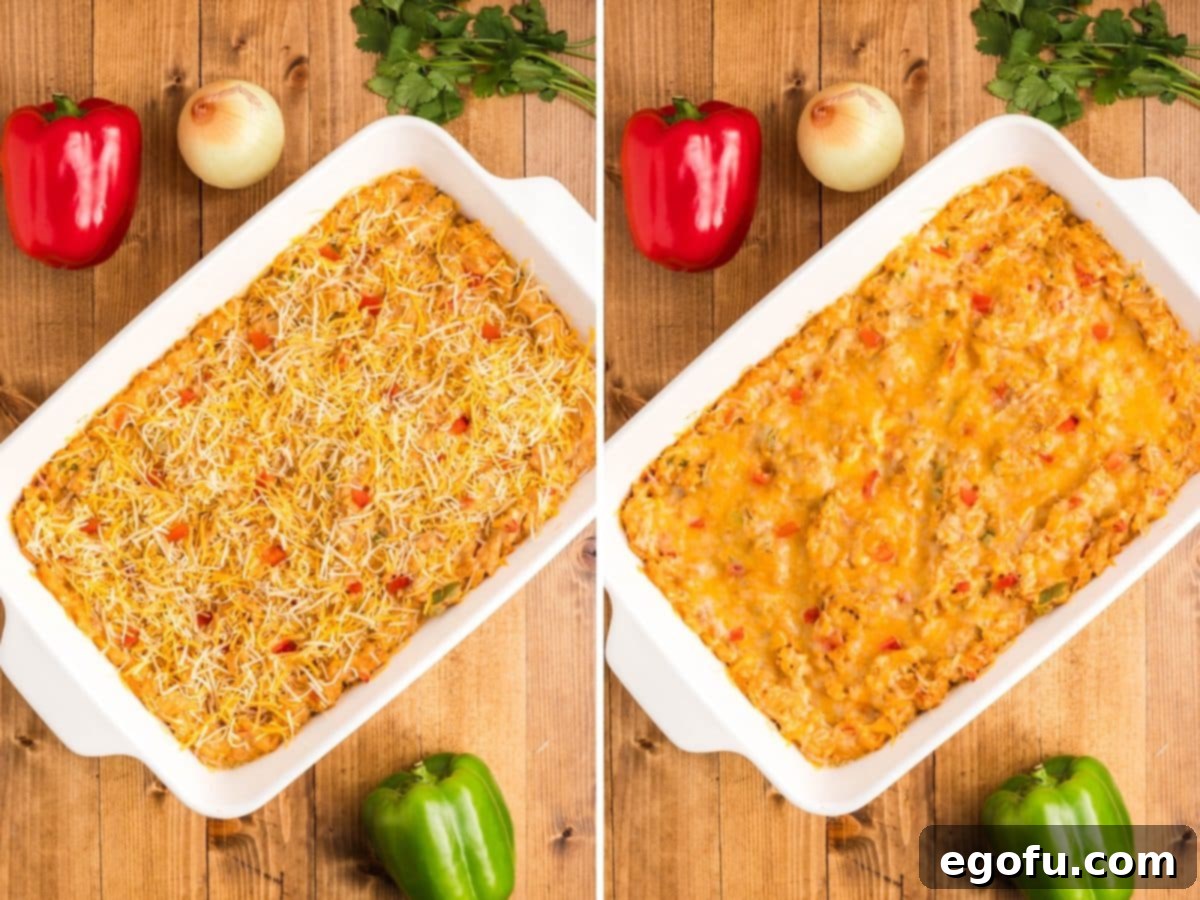 Cheese being added to casserole and a baked cheesey casserole.