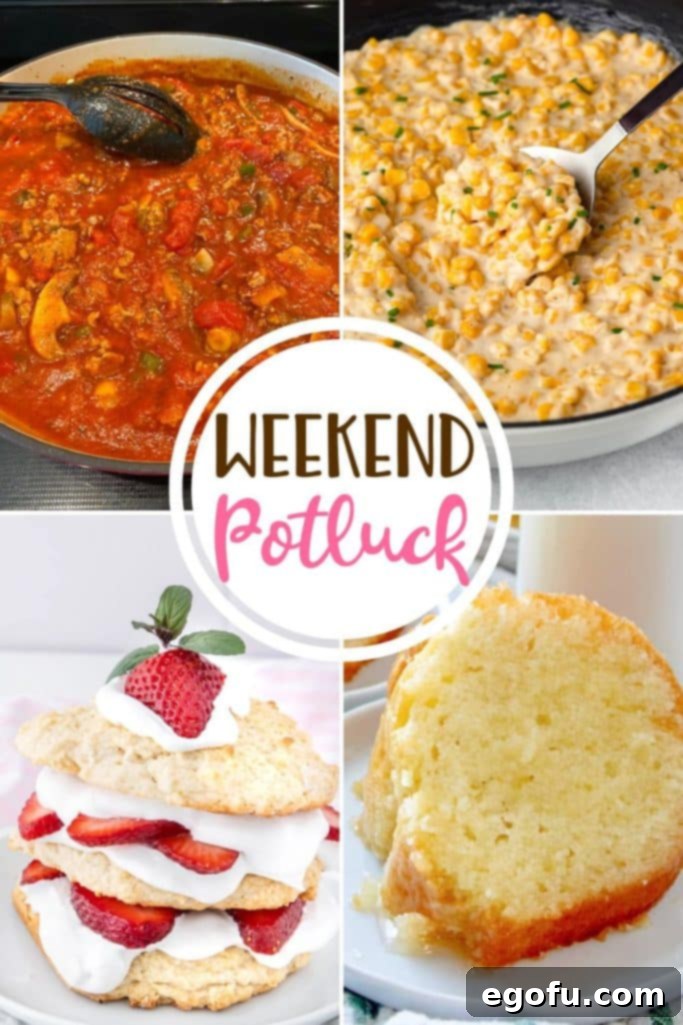 A vibrant collection of delicious recipes featured at the Weekend Potluck: including a rich homemade-style spaghetti sauce, sweet honey butter skillet corn, classic strawberry shortcake, and a decadent Kentucky butter cake.