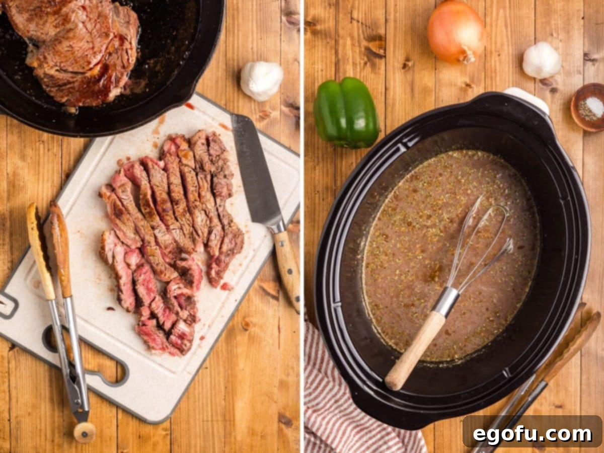 Seared steak being sliced and a Slow Cooker with the beginning of ingredients to cook the Philly cheesesteaks.