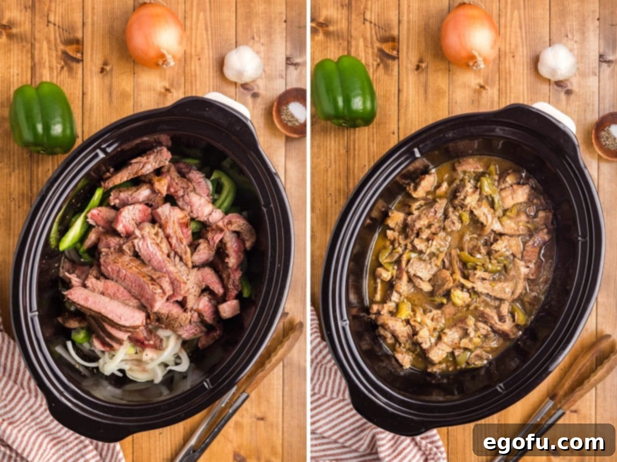 Onions, steak, and peppers in a broth in the Slow Cooker.