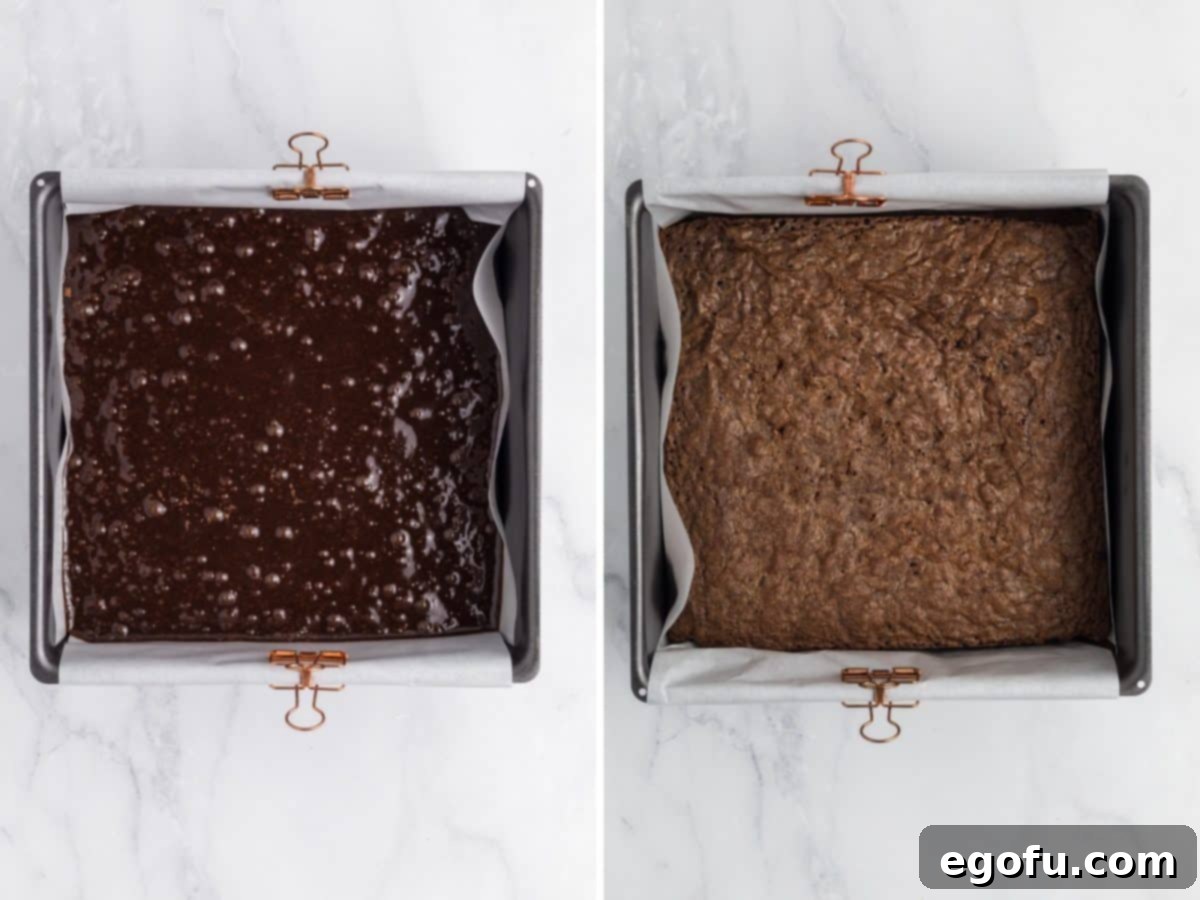 Brownie batter poured into a lined baking pan, followed by the perfectly baked, uncut brownies.