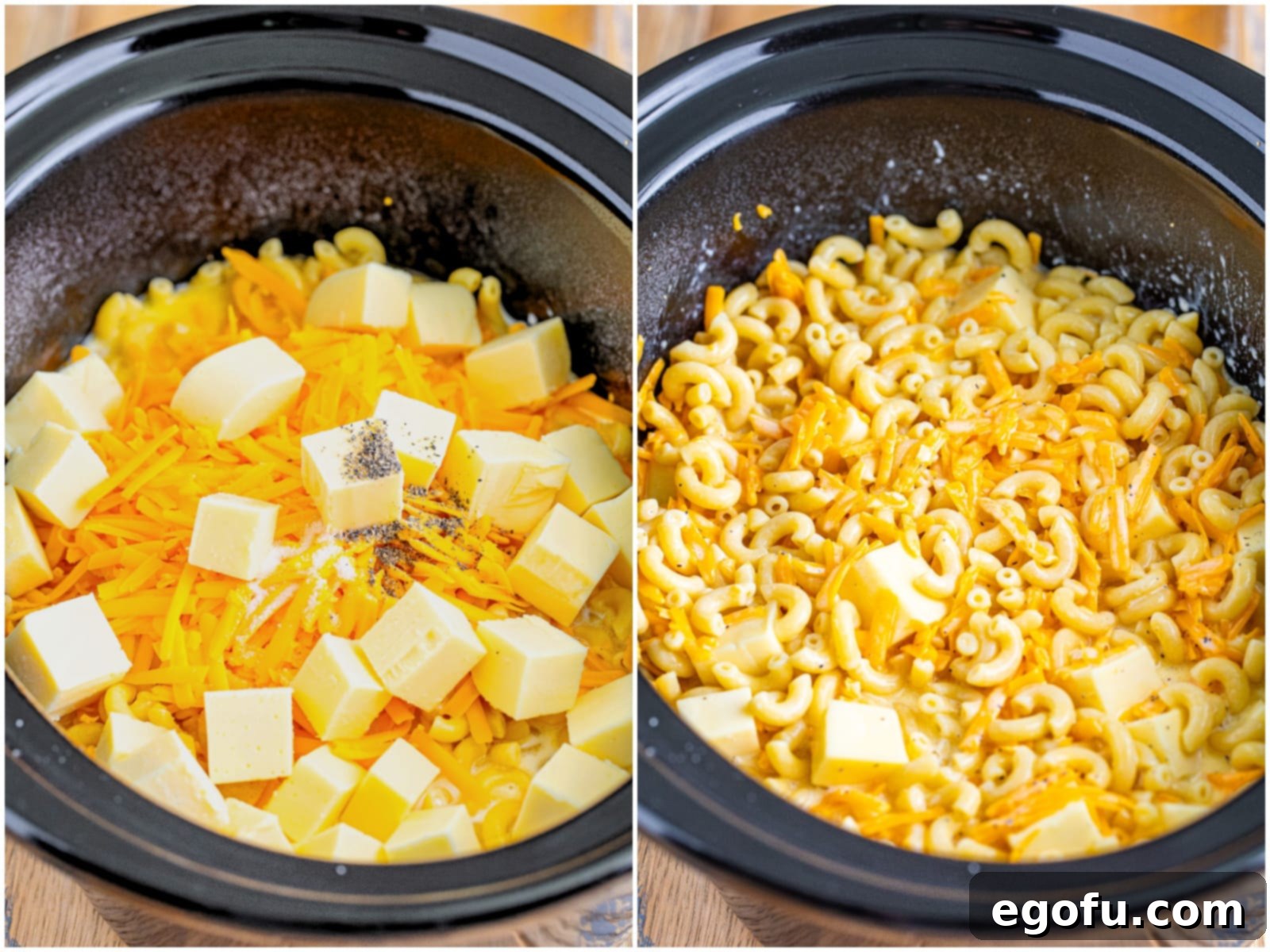 collage of two photos: cubed and shredded cheeses added to slow cooker; mixture shown stirred together. 