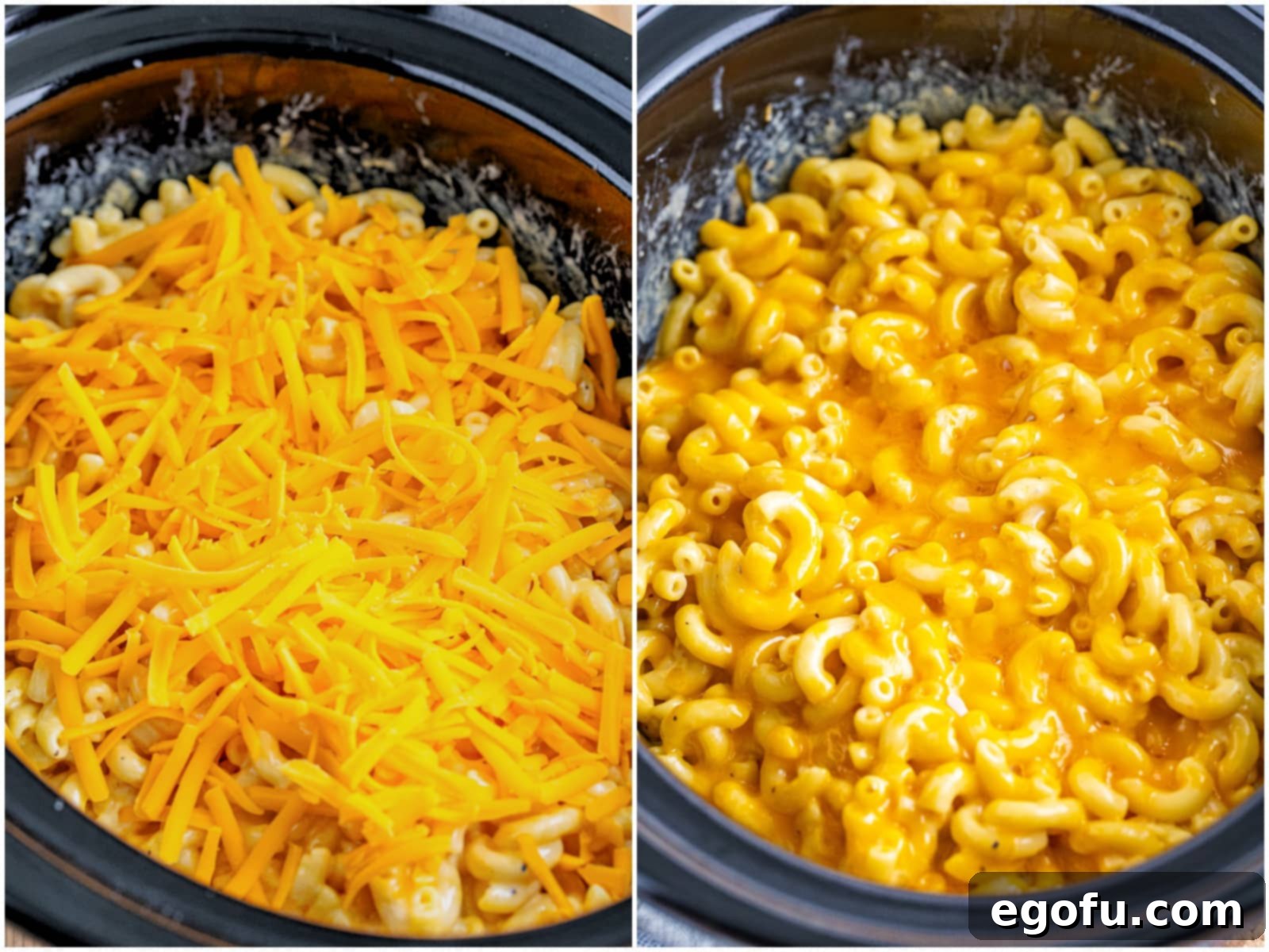 collage of two photos: shredded cheese sprinkled on top of macaroni and cheese in crock pot; fully melted cheese on macaroni and cheese. 