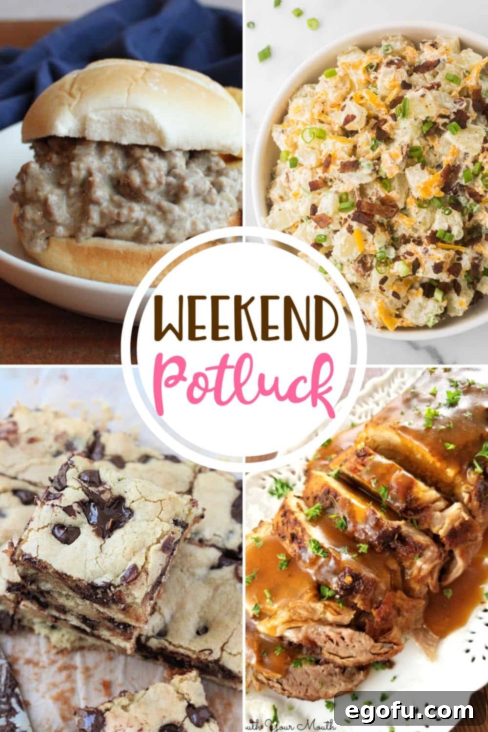 Weekend Potluck featured recipes including Davy Crockett Sandwiches, Steakhouse Potato Salad, One Bowl Chocolate Chip Blondies, and Butter Braised Slow Cooker Pork Roast with Gravy. A collection of delicious, family-friendly dishes perfect for sharing.