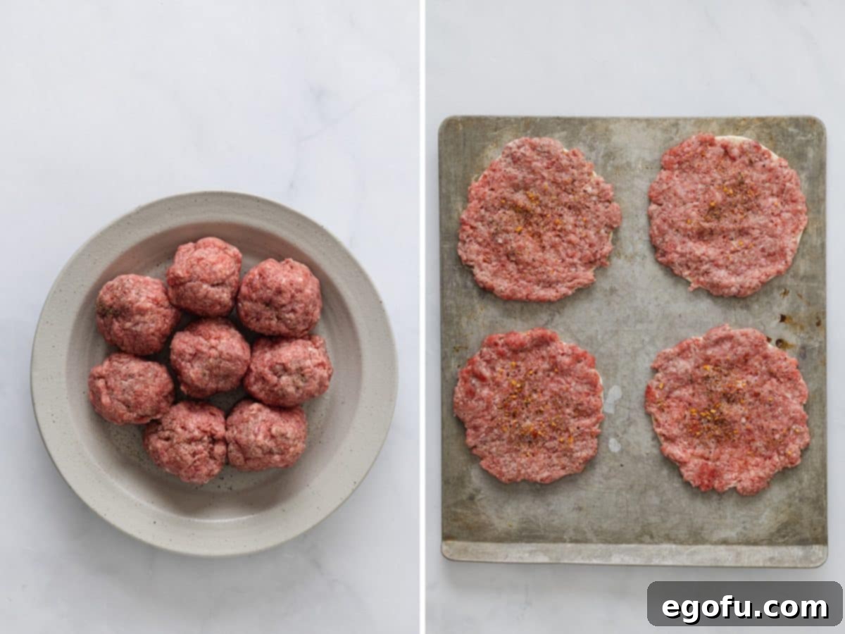 MacSmash Taco 6 Ground beef balls on a plate and close-up of burger meat being seasoned after being smashed onto a tortilla.