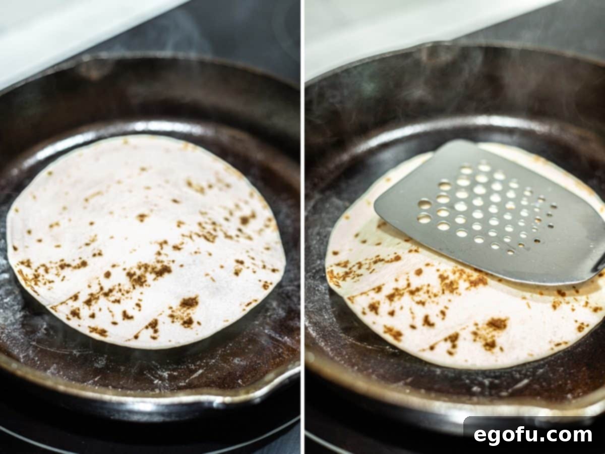 MacSmash Taco 7 Burger and tortilla being heated on a cast iron skillet, showing the beef patty searing and crisping up.