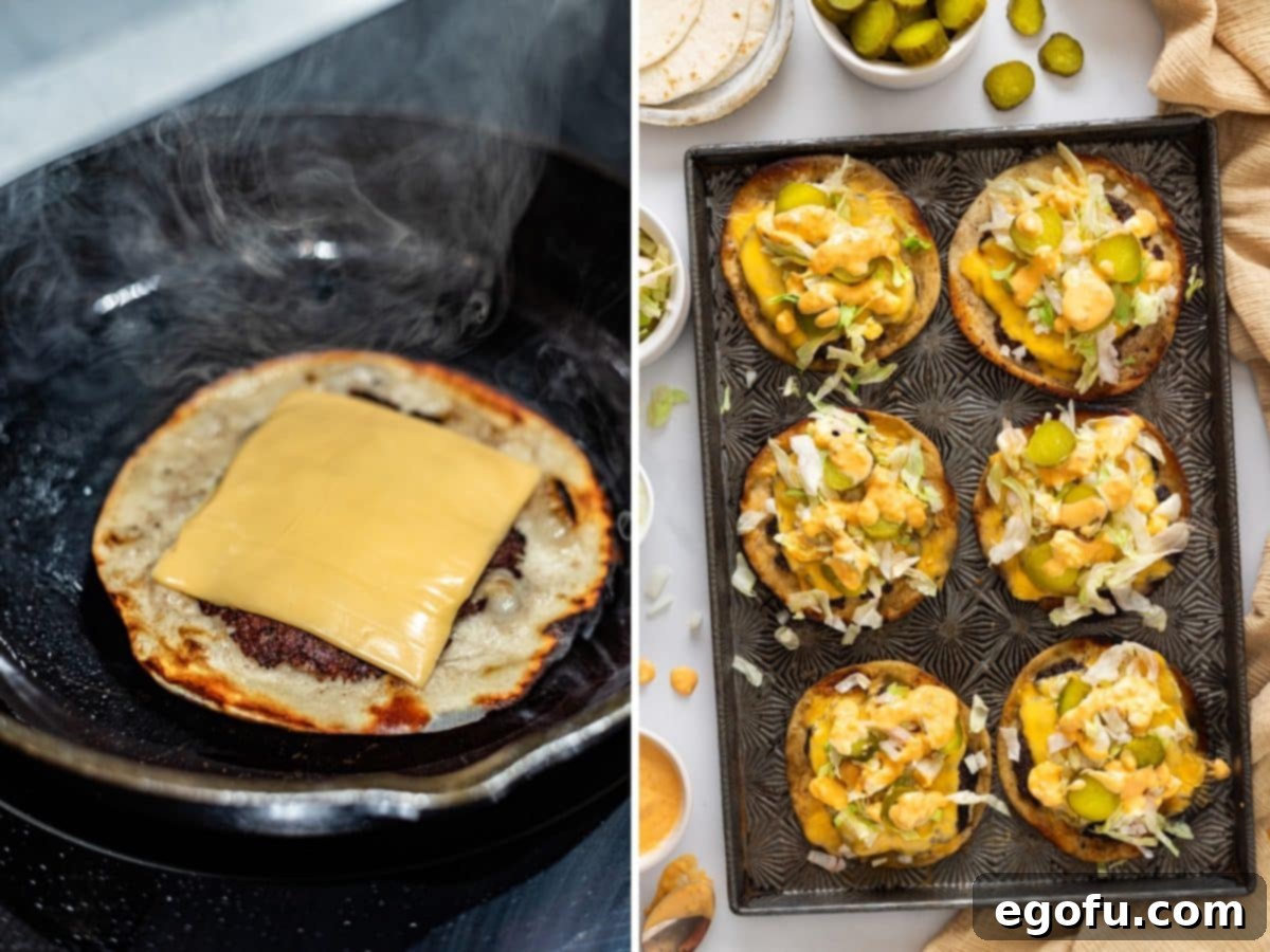 MacSmash Taco 8 Cheese being added to a Smashburger on a tortilla on a skillet, followed by an image of toppings being added to finished Smashburger tacos.