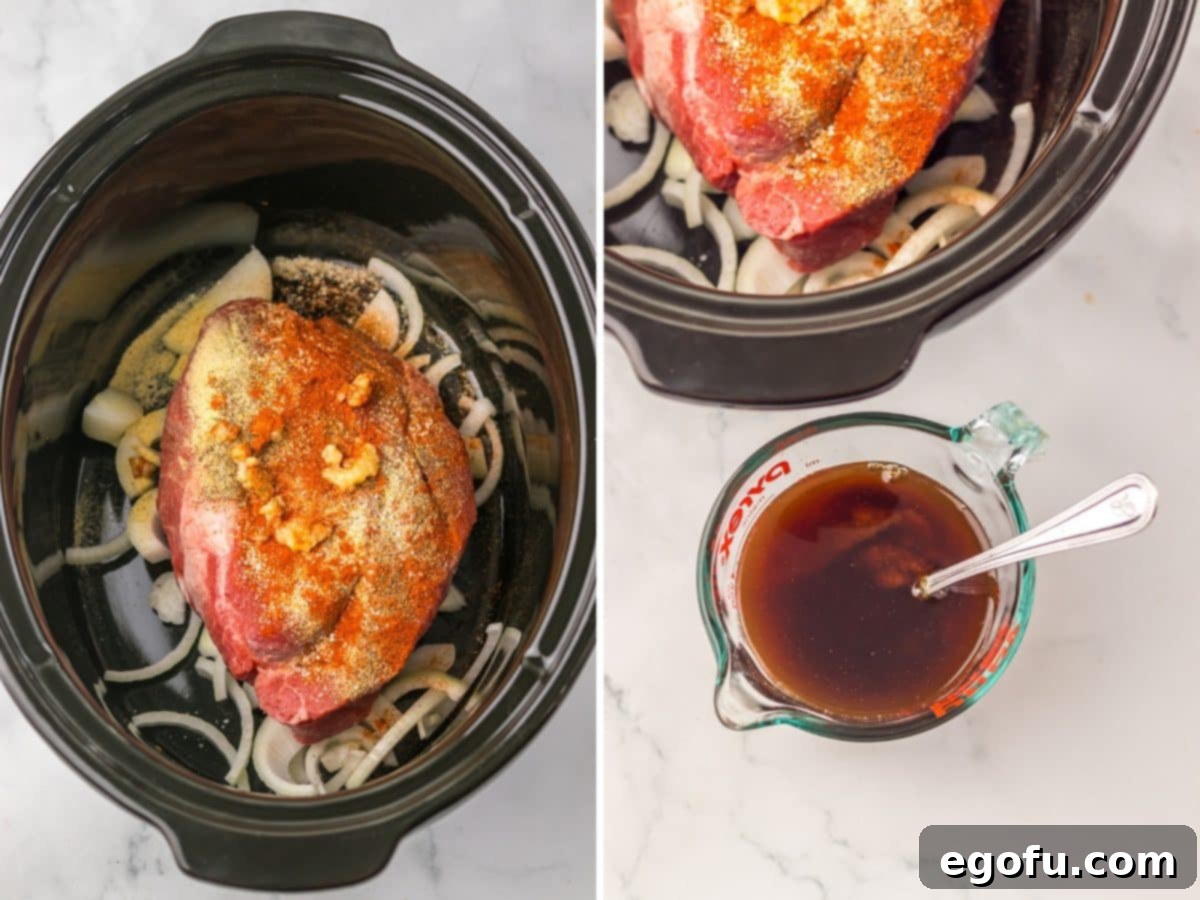 Tender Dr Pepper Slow Cooker Pulled Beef 4 Crock Pot filled with beef chuck roast and seasonings and a bowl with the sauce being mixed together.