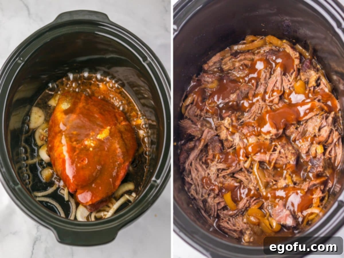 Tender Dr Pepper Slow Cooker Pulled Beef 5 Sauce coated beef chuck roast and cooked beef that’s been shredded.