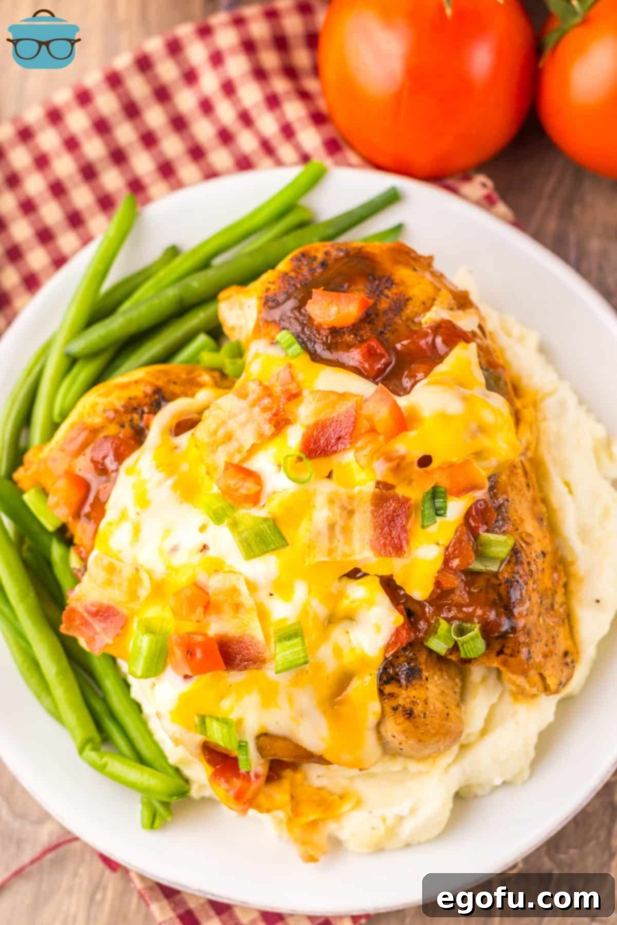 Looking down on a pile of mashed potatoes and Monterey Chicken.