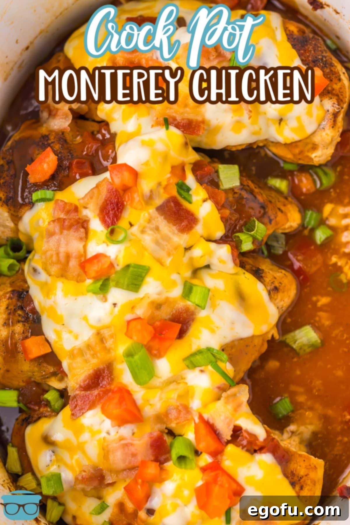 Looking down on a crock pot full of Monterey Chicken.