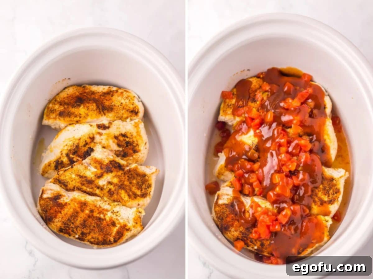 Seared chicken in a slow cooker.