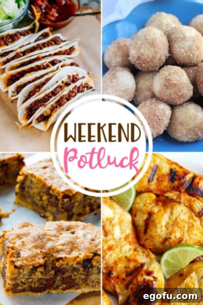 Weekend Potluck featured recipes include: Kentucky Derby Pie Bars, Ground Beef Baked Tacos, Biscuit Donuts and Lime Garlic Chicken Marinade!