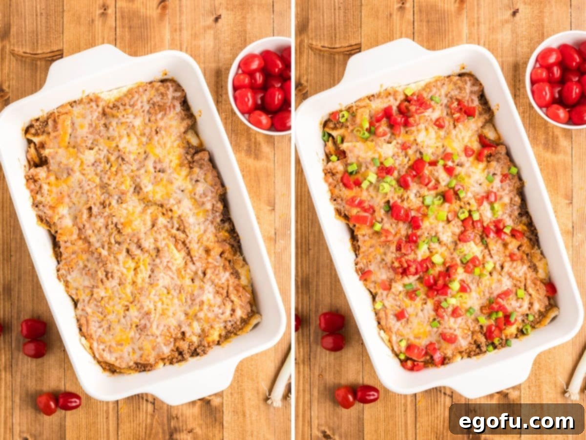 A baked Mexican Pizza Casserole, freshly out of the oven and garnished with colorful toppings.