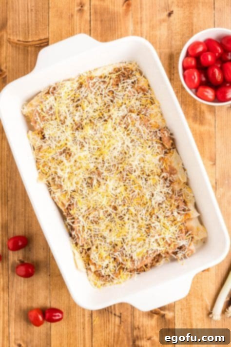 Shredded cheese sprinkled over the refried bean layer, completing the first round of ingredients.