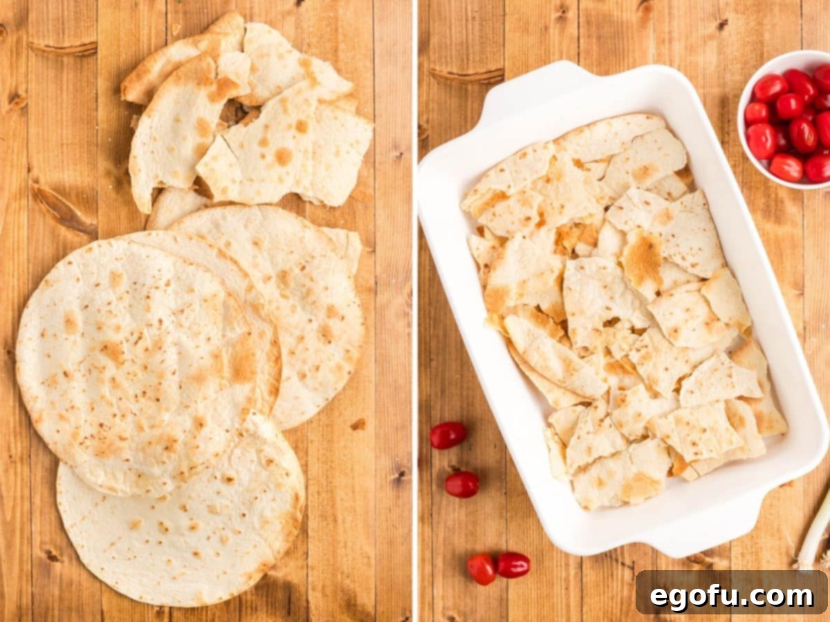 Crispy, baked tortillas and a bowl of crumbled tortillas, ready for layering in the casserole.