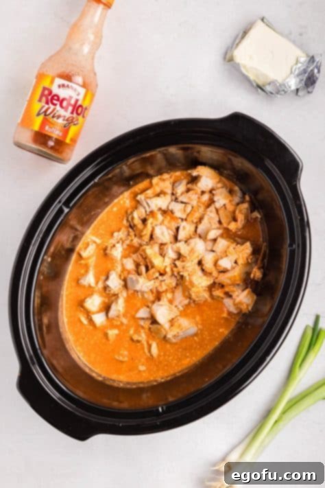 Shredded chicken in a hot sauce mixture.