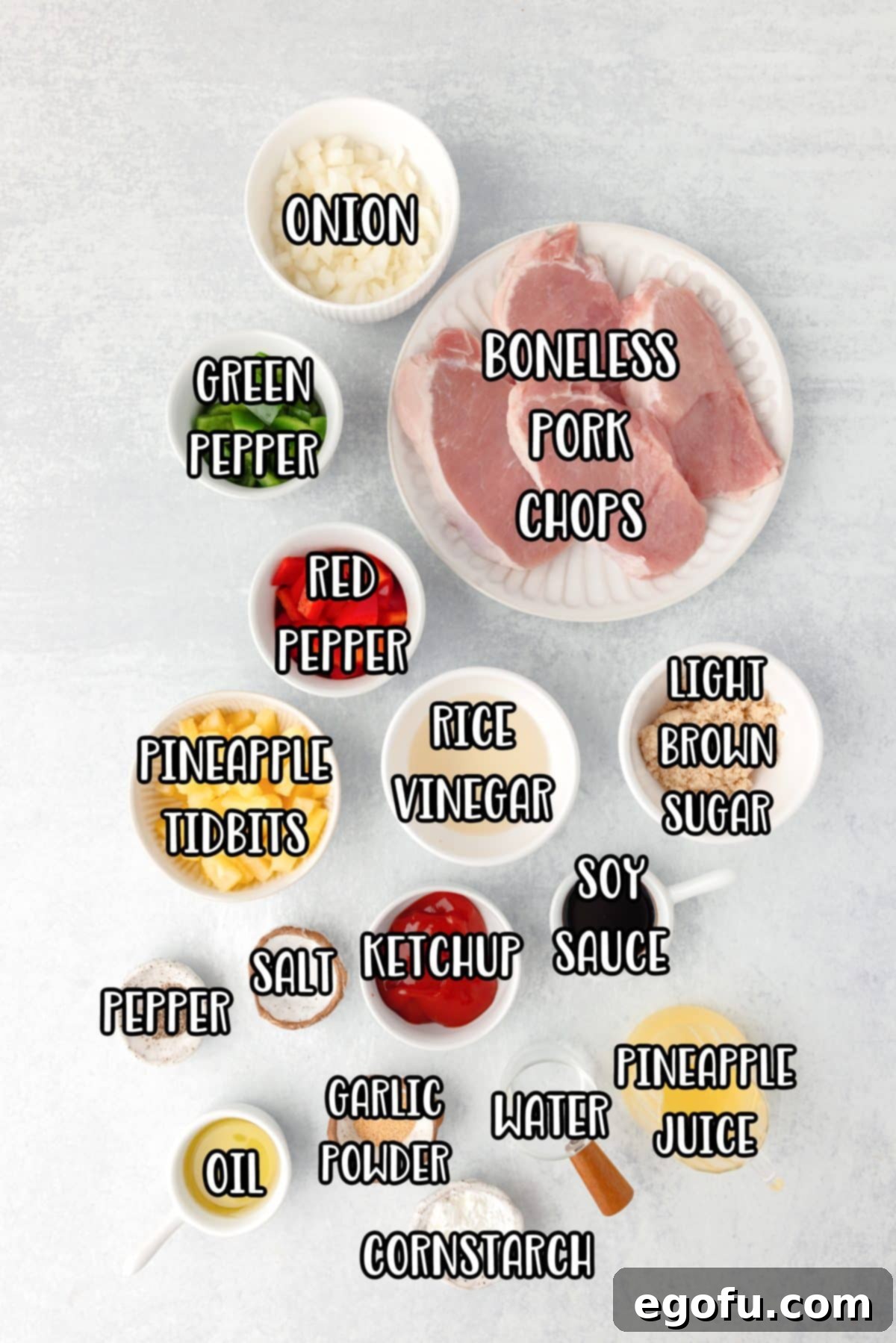 Pork chops, oil, salt, pepper, garlic powder. Pineapple tidbits, red pepper, green pepper, onion, pineapple juice, rice vinegar, light brown sugar, ketchup, soy sauce, cornstarch, and water.