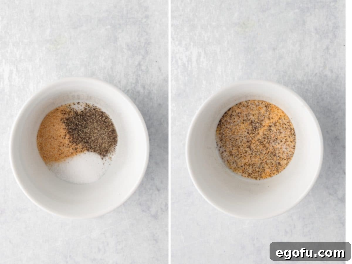 A small bowl of garlic powder, salt, and pepper.