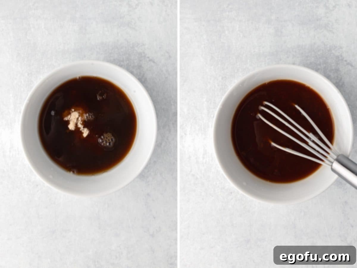 A bowl with pineapple juice, rice vinegar, brown sugar, ketchup, and soy sauce.