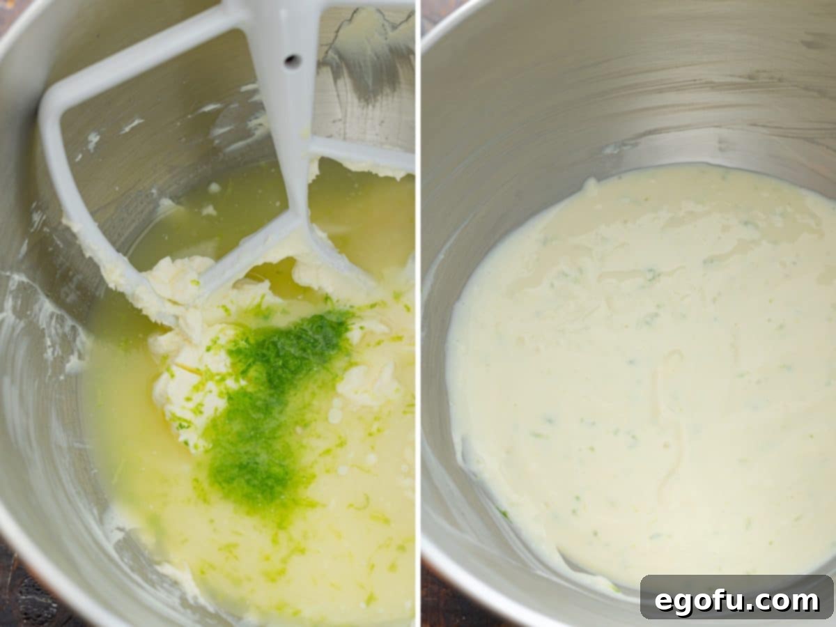 Condensed milk, lime juice, and lime zest with cream cheese being mixed together to form the pie filling.