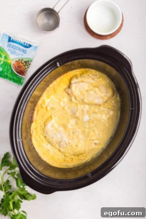 Creamy Ranch Slow Cooker Chicken 12 Cooked chicken in a slow cooker with creamy ranch sauce, showing readiness.