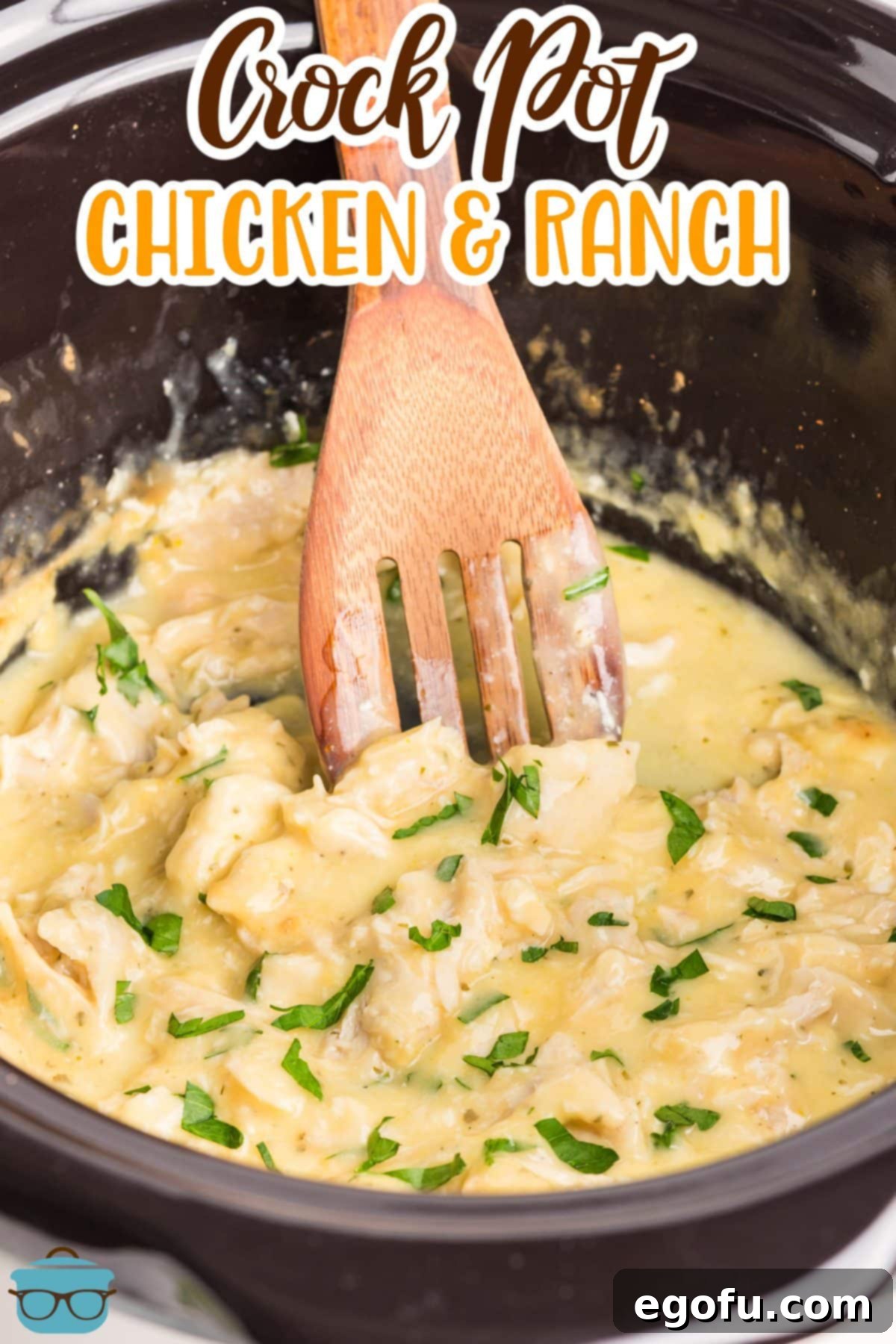 Creamy Ranch Slow Cooker Chicken 3 A slow cooker full of creamy ranch chicken, ready to be served.